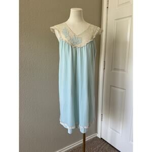 VTG Babydoll Nightgown Baby Blue Chiffon Overlay Embroidered Floral 1960s